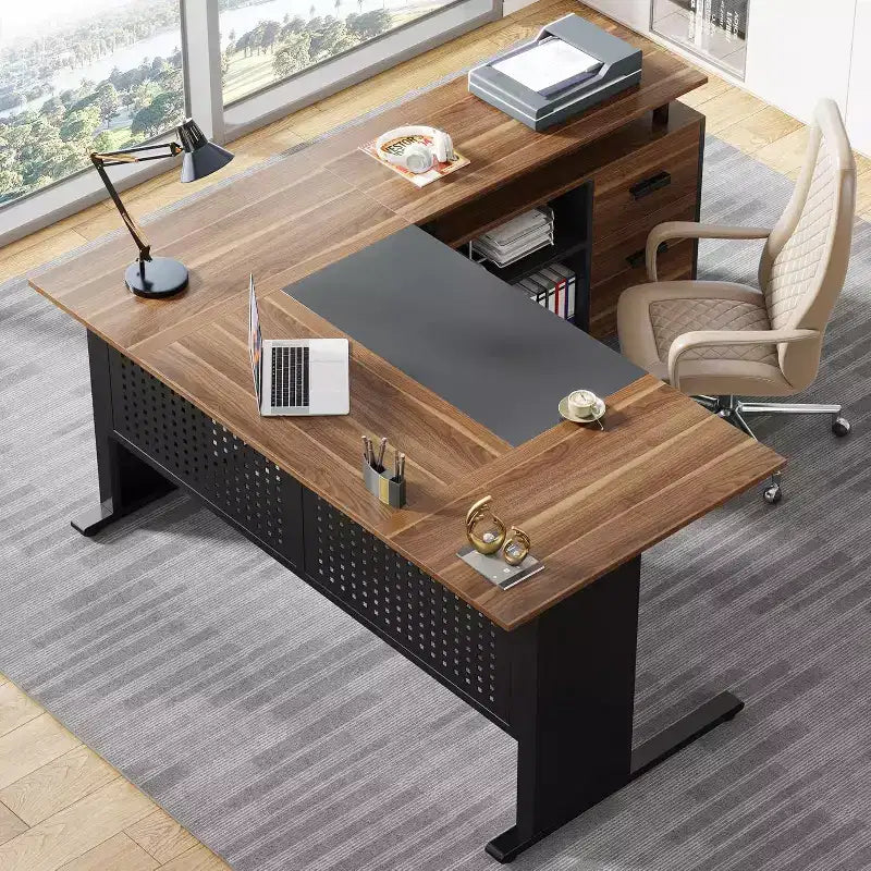 62.99 Inch Executive Desk with File Cabinet, Large L-Shaped Computer Desk with Storage Shelves