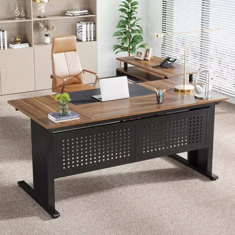 62.99 Inch Executive Desk with File Cabinet, Large L-Shaped Computer Desk with Storage Shelves