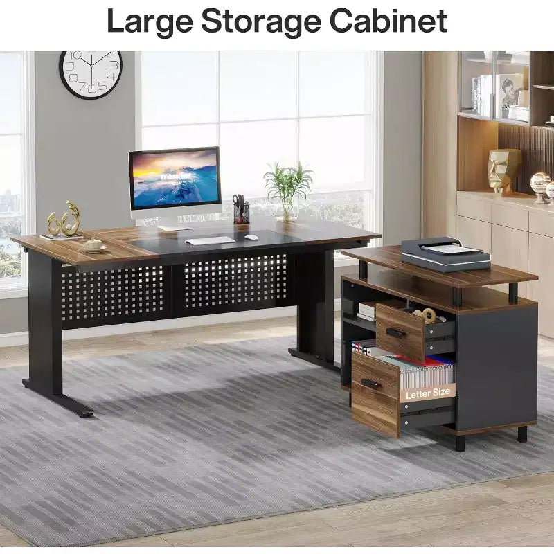 62.99 Inch Executive Desk with File Cabinet, Large L-Shaped Computer Desk with Storage Shelves