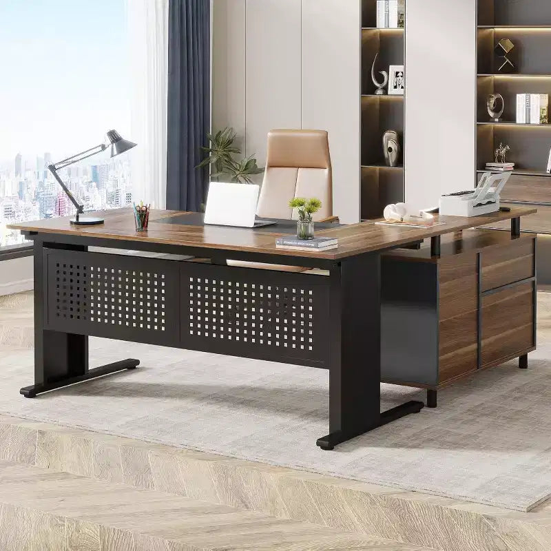 62.99 Inch Executive Desk with File Cabinet, Large L-Shaped Computer Desk with Storage Shelves
