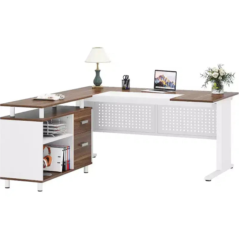 62.99 Inch Executive Desk with File Cabinet, Large L-Shaped Computer Desk with Storage Shelves
