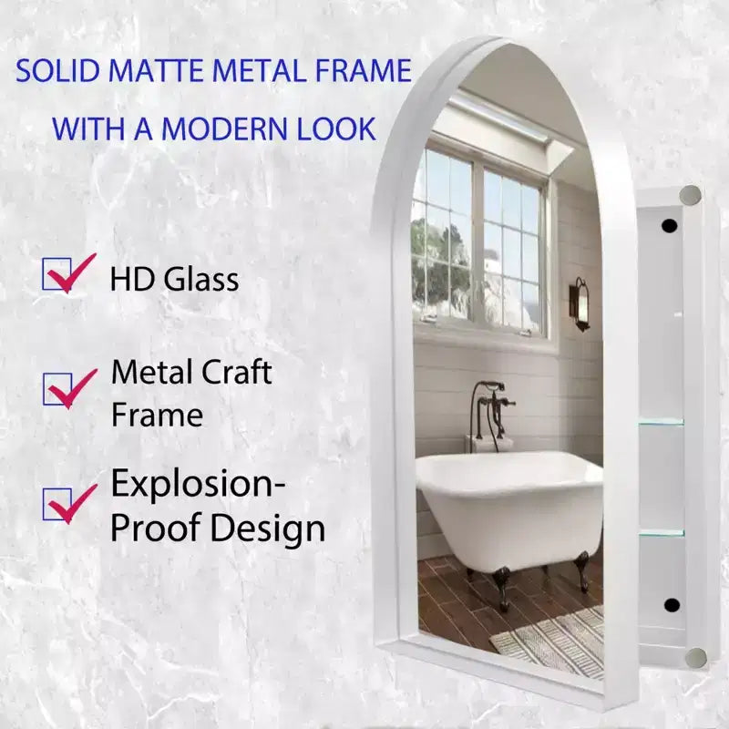 24x36 Arched Recessed Medicine Cabinet, Metal Frame, Adjustable Shelves, White