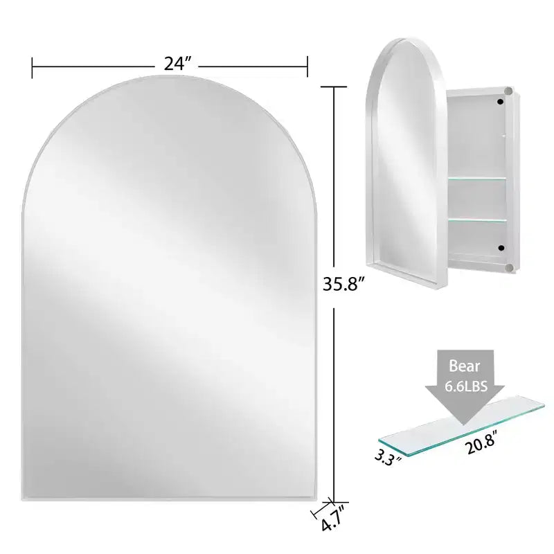 24x36 Arched Recessed Medicine Cabinet, Metal Frame, Adjustable Shelves, White