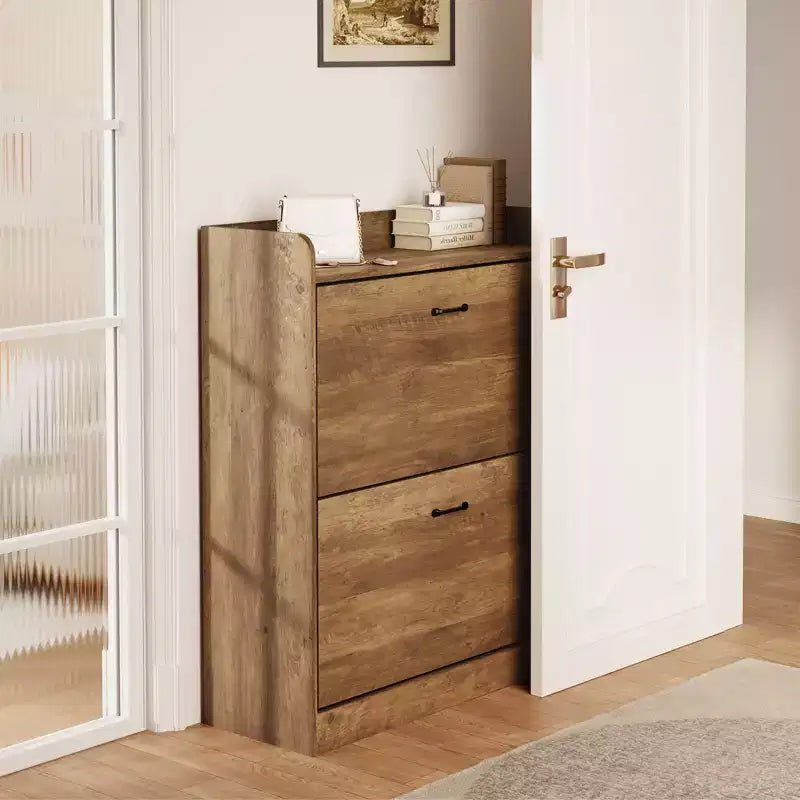 Farmhouse Wood Shoe Cabinet with 2 Flip Doors & Removable Shelves Entryway Shoe Storage
