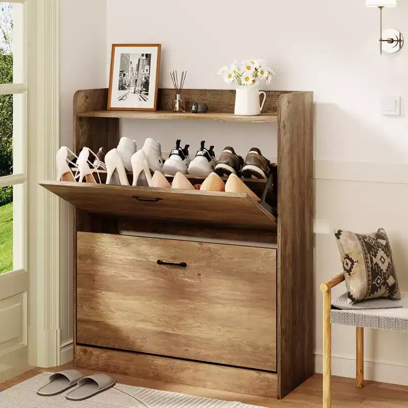 Farmhouse Wood Shoe Cabinet with 2 Flip Doors & Removable Shelves Entryway Shoe Storage