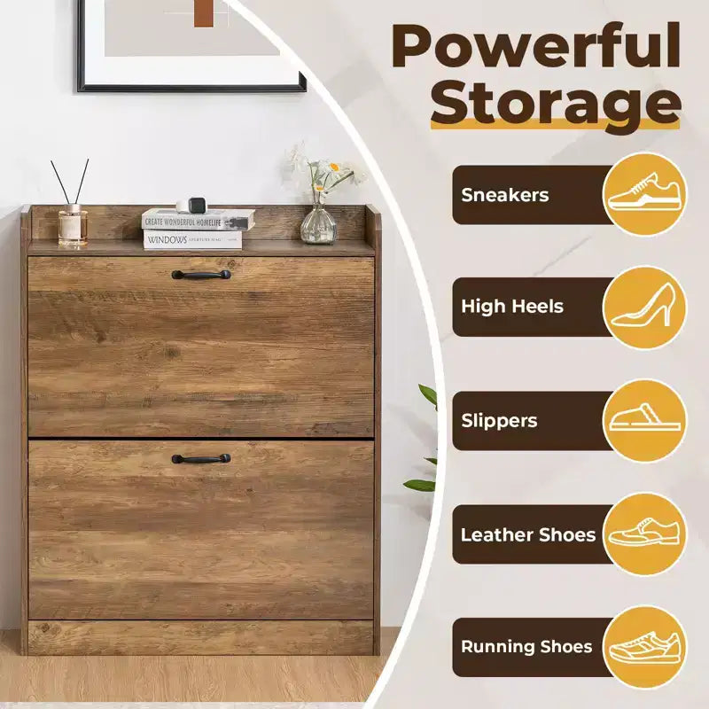 Farmhouse Wood Shoe Cabinet with 2 Flip Doors & Removable Shelves Entryway Shoe Storage