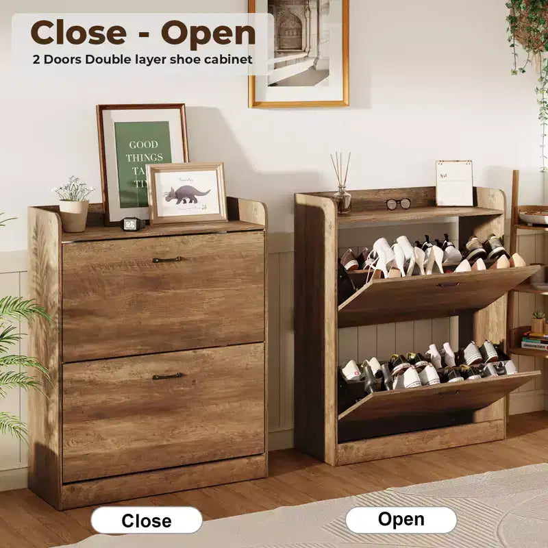 Farmhouse Wood Shoe Cabinet with 2 Flip Doors & Removable Shelves Entryway Shoe Storage