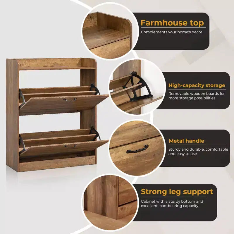 Farmhouse Wood Shoe Cabinet with 2 Flip Doors & Removable Shelves Entryway Shoe Storage