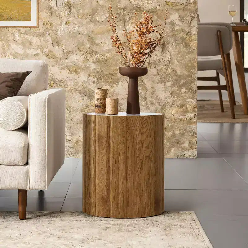 18.9 Round Side Table, Accent End Table with Faux Marble Top, Small Side Table for Living Room, Bedroom, Couch Brown