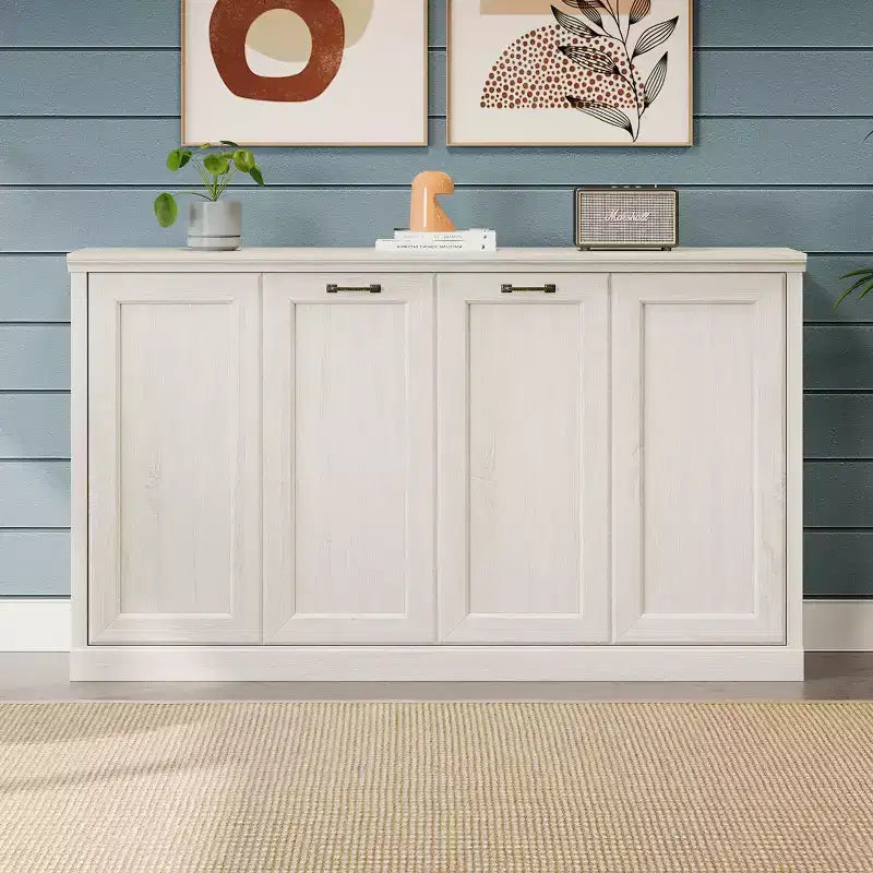 Twin Size Murphy Bed with Side Cabinet Bookshelf, Hideaway Wall Bed, Folding into Cabinet, Rustic White