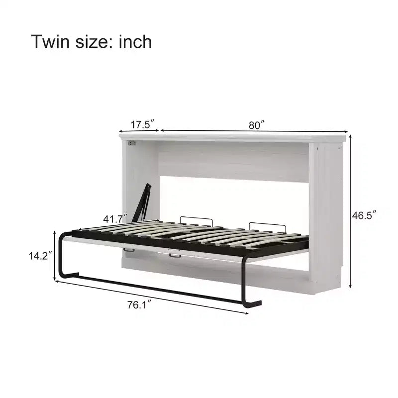 Twin Size Murphy Bed with Side Cabinet Bookshelf, Hideaway Wall Bed, Folding into Cabinet, Rustic White