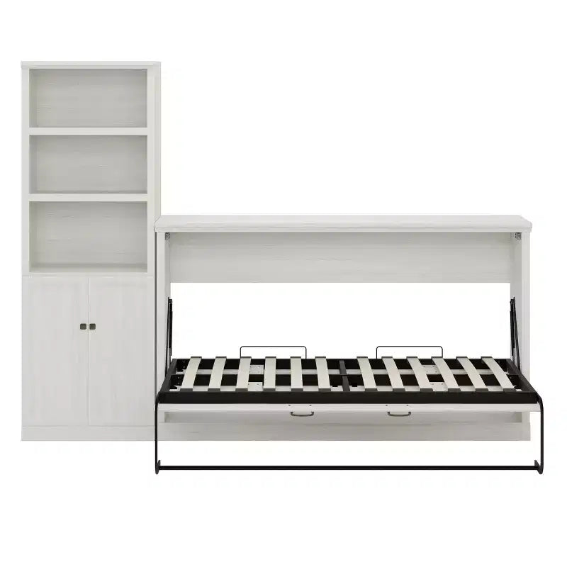 Twin Size Murphy Bed with Side Cabinet Bookshelf, Hideaway Wall Bed, Folding into Cabinet, Rustic White