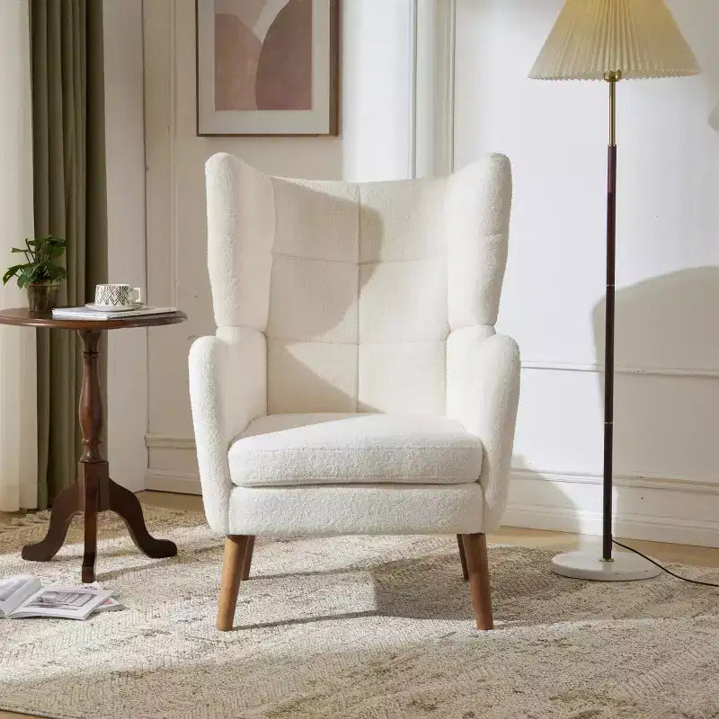 Modern Accent Chair with Birch Wood Legs, Teddy Fabric Upholstered Living Room Chair, Comfy Wingback Chair for Bedroom or Office