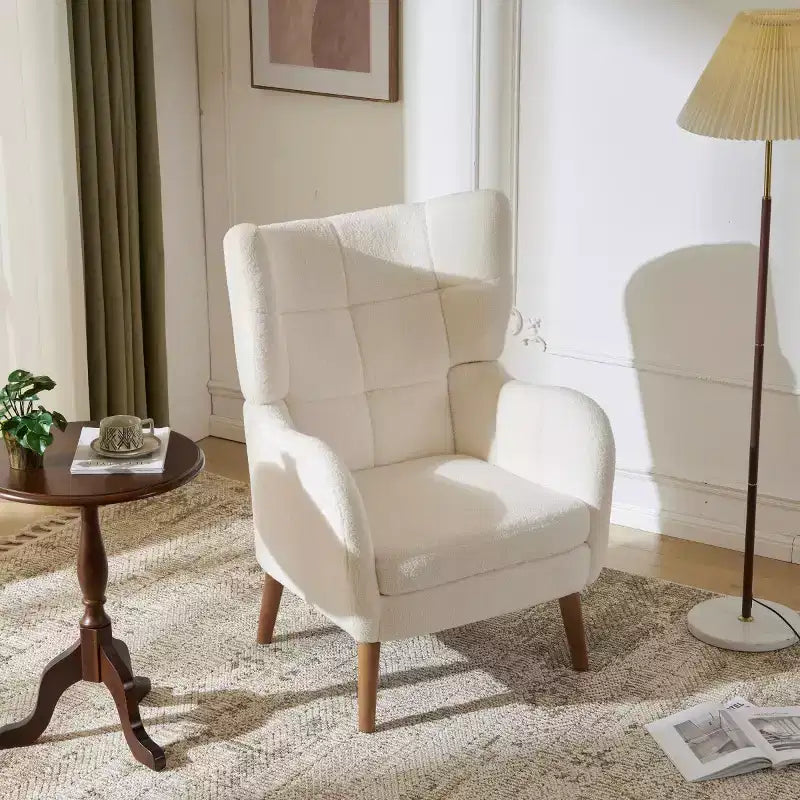 Modern Accent Chair with Birch Wood Legs, Teddy Fabric Upholstered Living Room Chair, Comfy Wingback Chair for Bedroom or Office