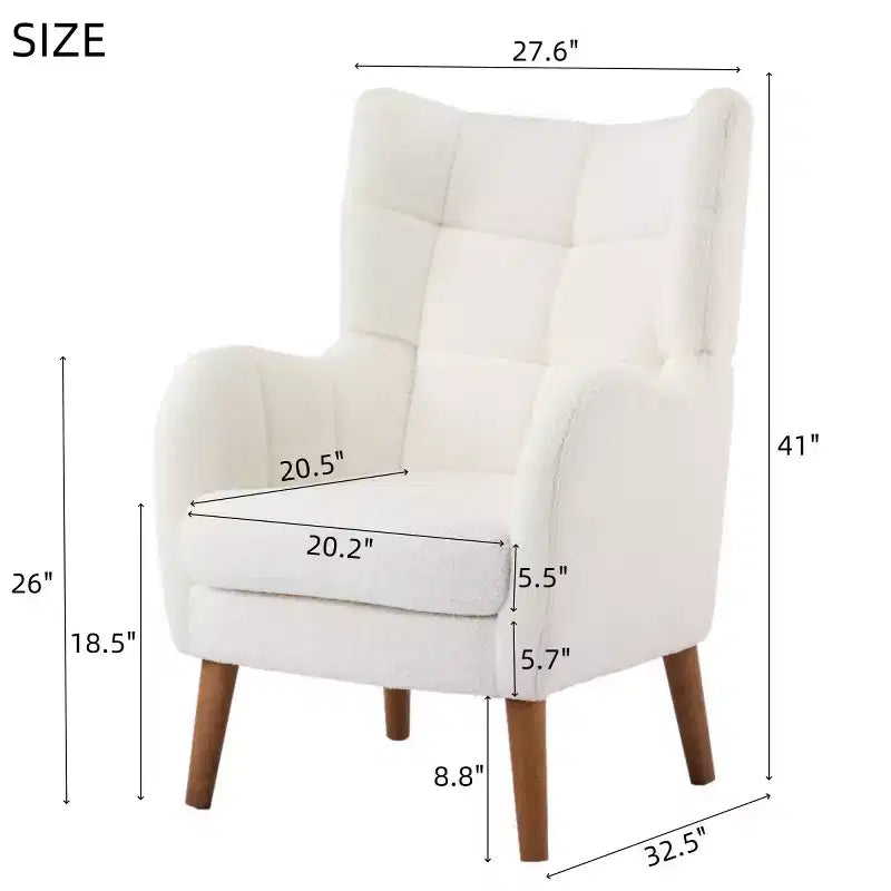 Modern Accent Chair with Birch Wood Legs, Teddy Fabric Upholstered Living Room Chair, Comfy Wingback Chair for Bedroom or Office