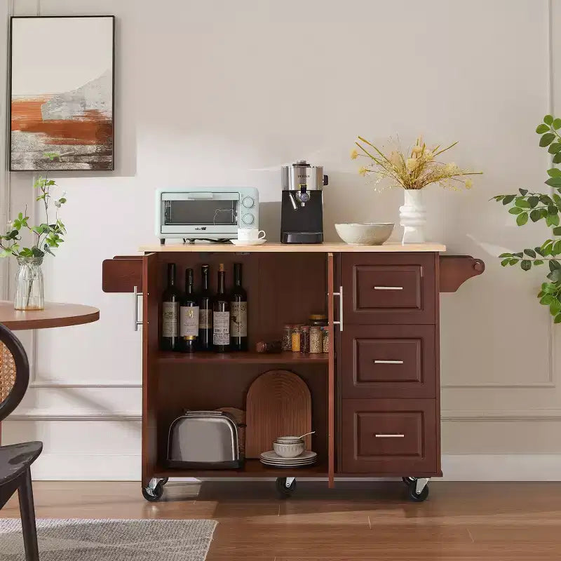 Brown Drop Leaf Wood Top 54 in. Kitchen Island Cart with 3 Drawers Locking Casters and Storage Shelves