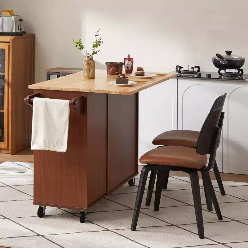 Brown Drop Leaf Wood Top 54 in. Kitchen Island Cart with 3 Drawers Locking Casters and Storage Shelves