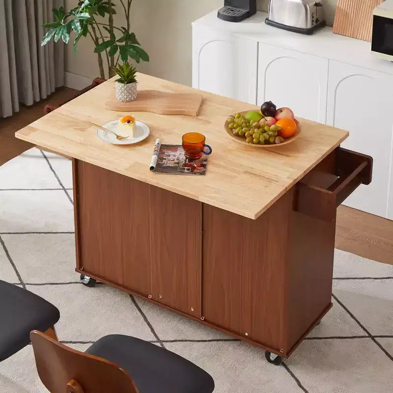 Brown Drop Leaf Wood Top 54 in. Kitchen Island Cart with 3 Drawers Locking Casters and Storage Shelves