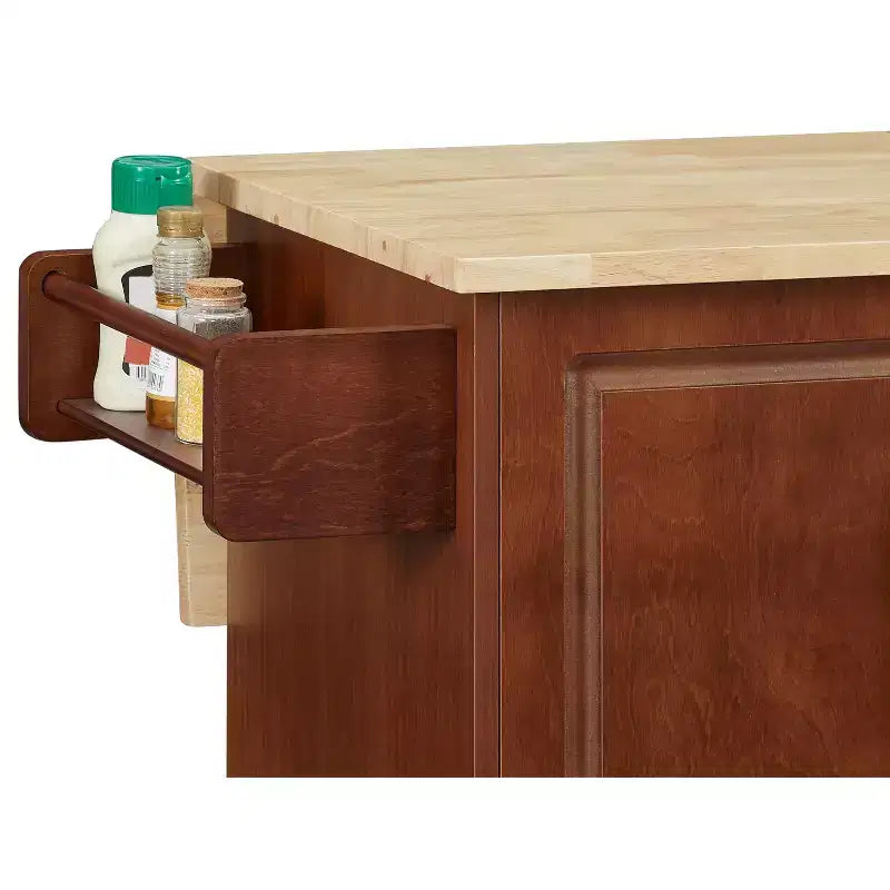 Brown Drop Leaf Wood Top 54 in. Kitchen Island Cart with 3 Drawers Locking Casters and Storage Shelves