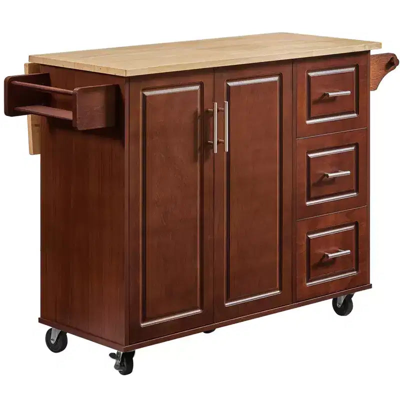Brown Drop Leaf Wood Top 54 in. Kitchen Island Cart with 3 Drawers Locking Casters and Storage Shelves