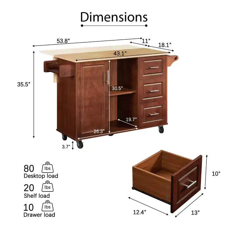 Brown Drop Leaf Wood Top 54 in. Kitchen Island Cart with 3 Drawers Locking Casters and Storage Shelves