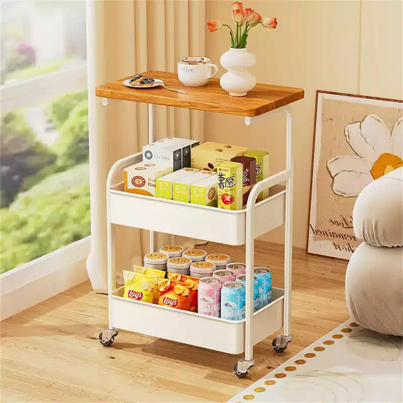 3 Tier Rolling Cart w/Table top, Metal Rolling Utility Cart on Wheels, Sturdy Storage Organizer Cart w/Hooks for Office, Classroom, Kitchen