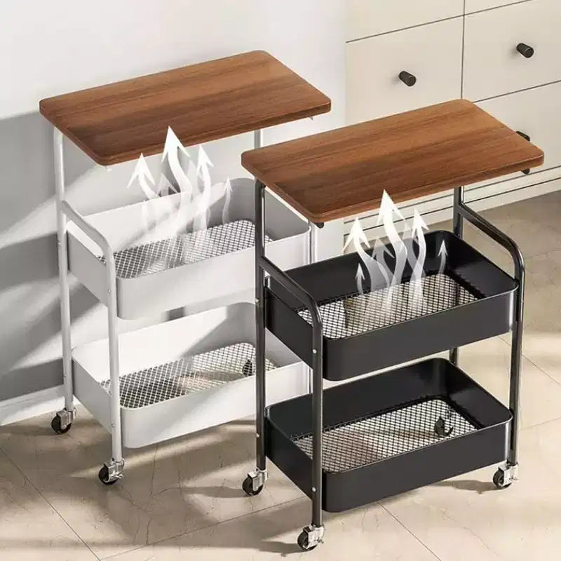 3 Tier Rolling Cart w/Table top, Metal Rolling Utility Cart on Wheels, Sturdy Storage Organizer Cart w/Hooks for Office, Classroom, Kitchen