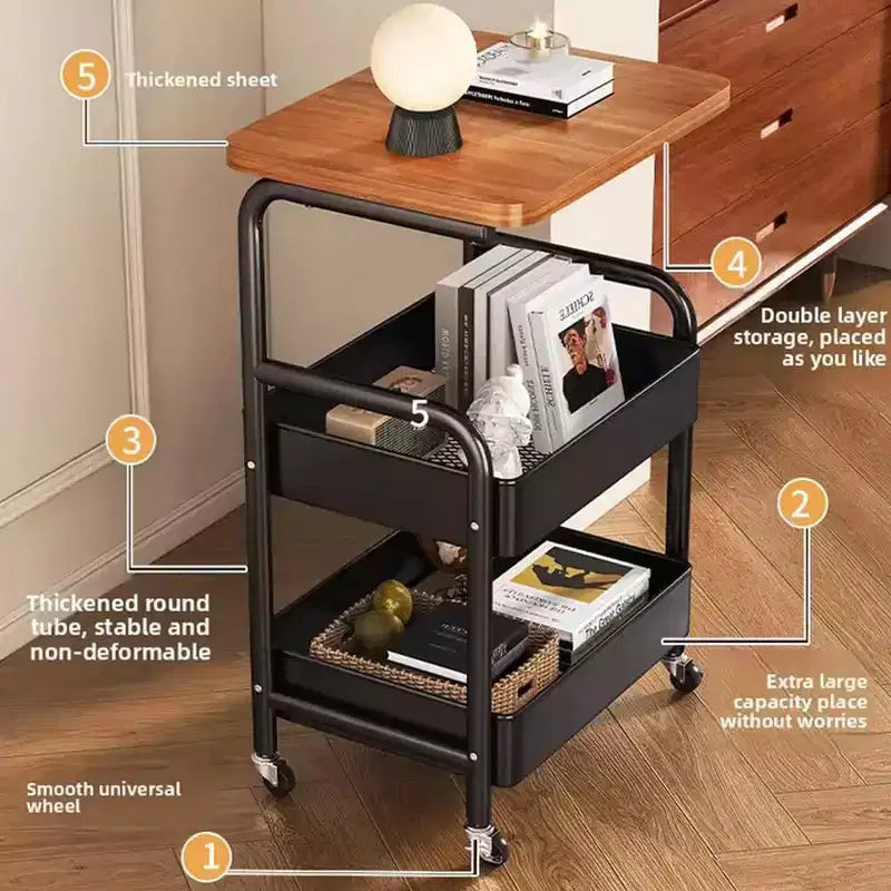 3 Tier Rolling Cart w/Table top, Metal Rolling Utility Cart on Wheels, Sturdy Storage Organizer Cart w/Hooks for Office, Classroom, Kitchen