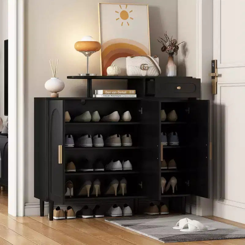 Stylish Cream Storage Sideboard with Adjustable Shelves and Solid Wood Legs, Black