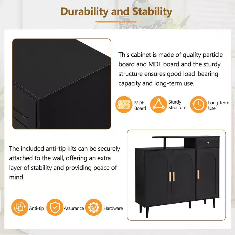 Stylish Cream Storage Sideboard with Adjustable Shelves and Solid Wood Legs, Black