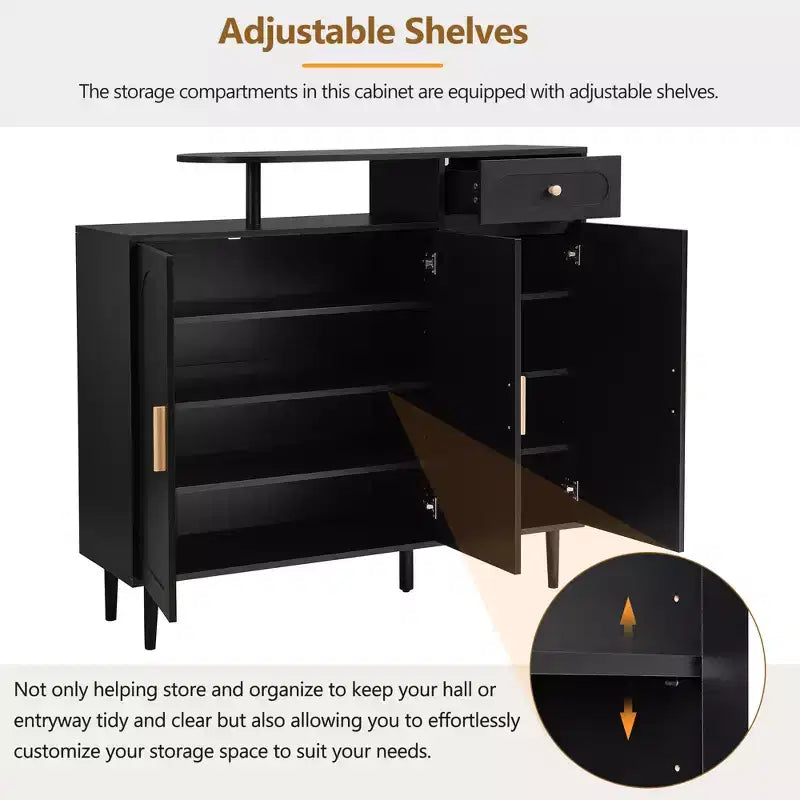 Stylish Cream Storage Sideboard with Adjustable Shelves and Solid Wood Legs, Black