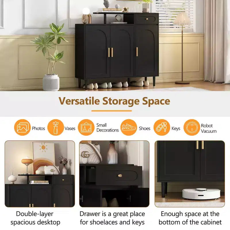 Stylish Cream Storage Sideboard with Adjustable Shelves and Solid Wood Legs, Black