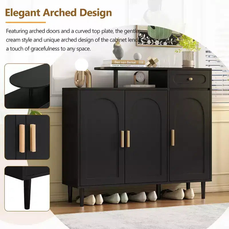 Stylish Cream Storage Sideboard with Adjustable Shelves and Solid Wood Legs, Black