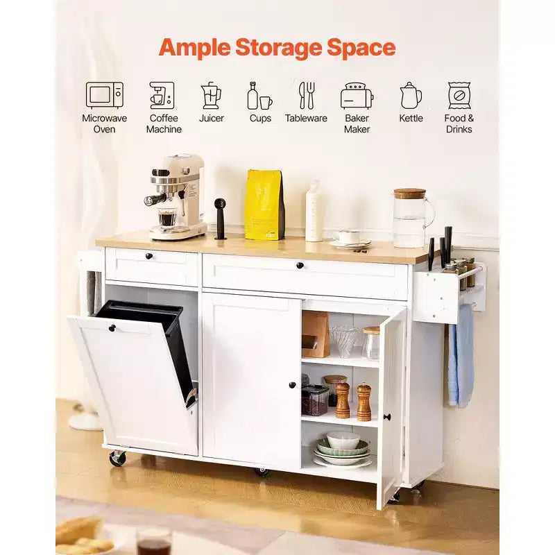35.5H Kitchen Island Cart Rolling Storage Cabinet with Drawer Drop Leaf, White