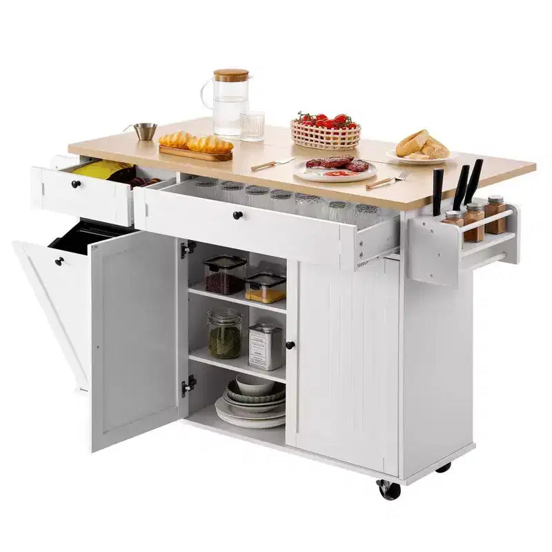 35.5H Kitchen Island Cart Rolling Storage Cabinet with Drawer Drop Leaf, White
