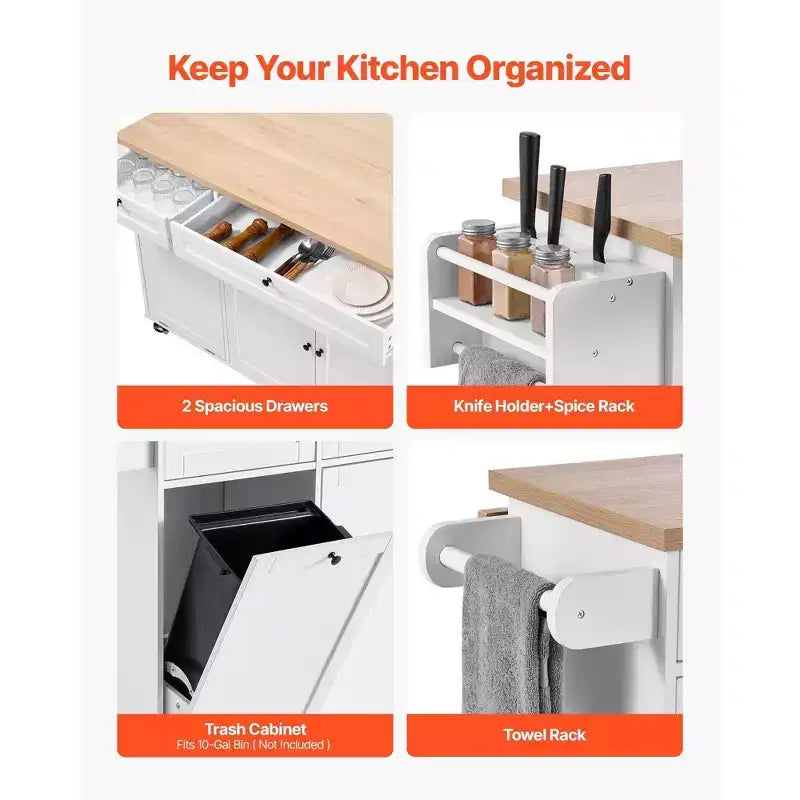 35.5H Kitchen Island Cart Rolling Storage Cabinet with Drawer Drop Leaf, White