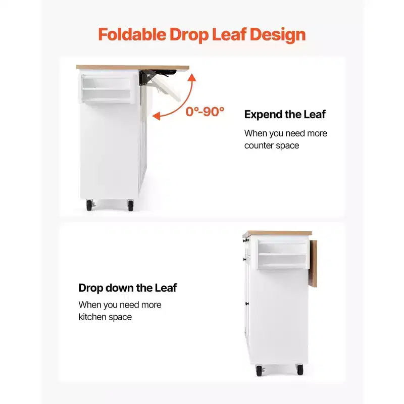 35.5H Kitchen Island Cart Rolling Storage Cabinet with Drawer Drop Leaf, White