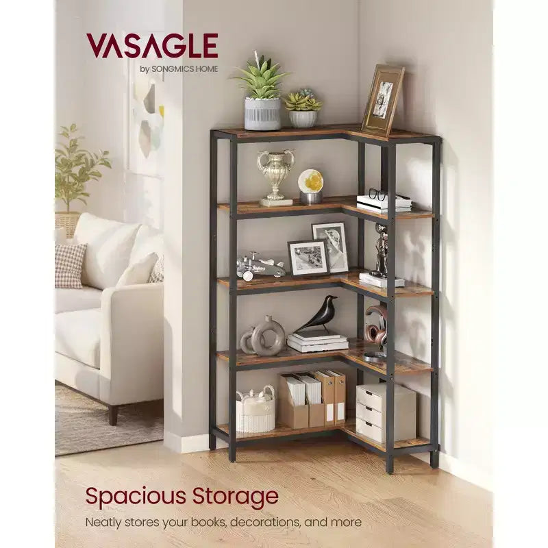 5 Tier Bookshelf with Metal Frame, Convertible Industrial Corner Shelf, 9.4 x 40.2 x 55.9 Inches, Rustic Brown and Ink Black