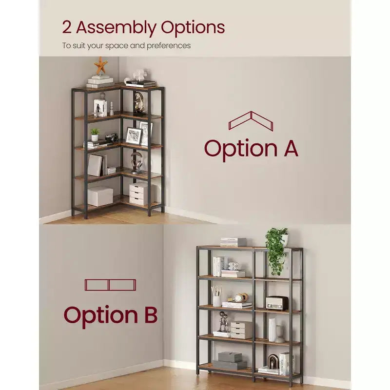 5 Tier Bookshelf with Metal Frame, Convertible Industrial Corner Shelf, 9.4 x 40.2 x 55.9 Inches, Rustic Brown and Ink Black