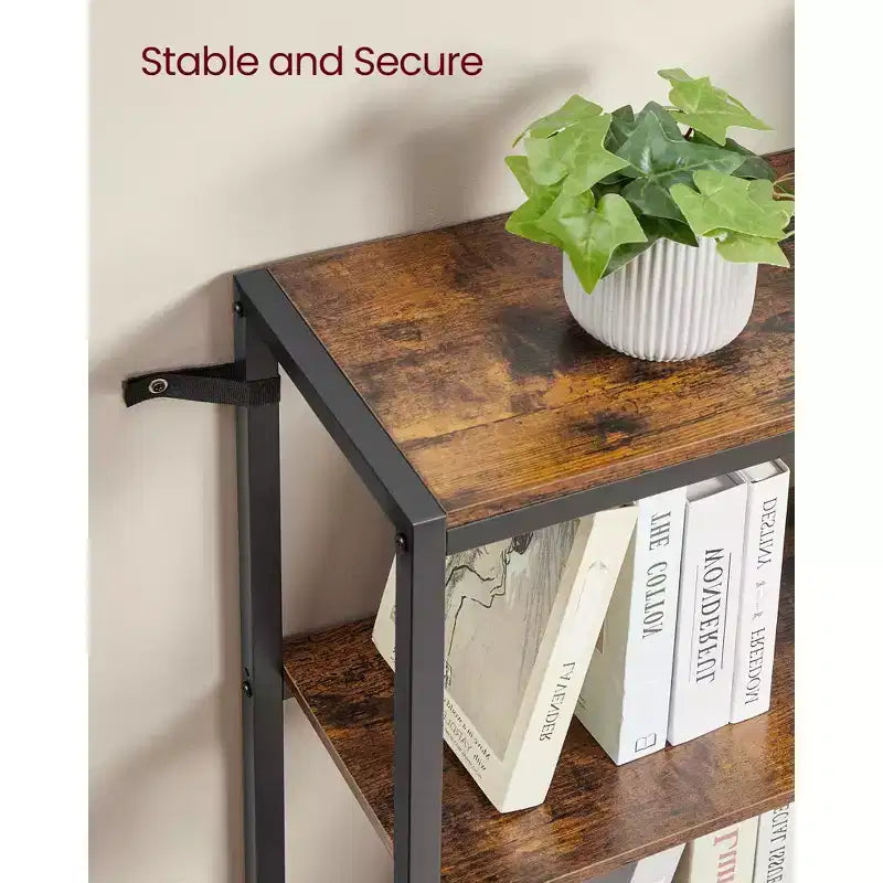 5 Tier Bookshelf with Metal Frame, Convertible Industrial Corner Shelf, 9.4 x 40.2 x 55.9 Inches, Rustic Brown and Ink Black