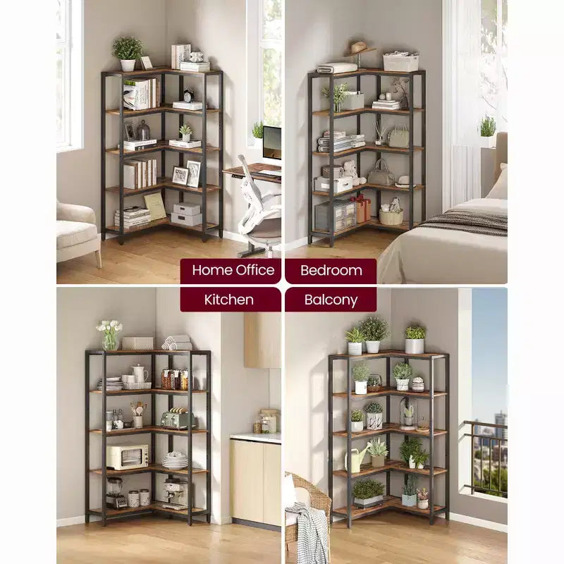 5 Tier Bookshelf with Metal Frame, Convertible Industrial Corner Shelf, 9.4 x 40.2 x 55.9 Inches, Rustic Brown and Ink Black