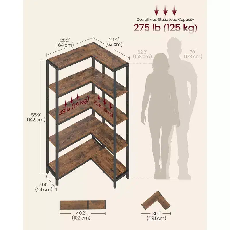 5 Tier Bookshelf with Metal Frame, Convertible Industrial Corner Shelf, 9.4 x 40.2 x 55.9 Inches, Rustic Brown and Ink Black