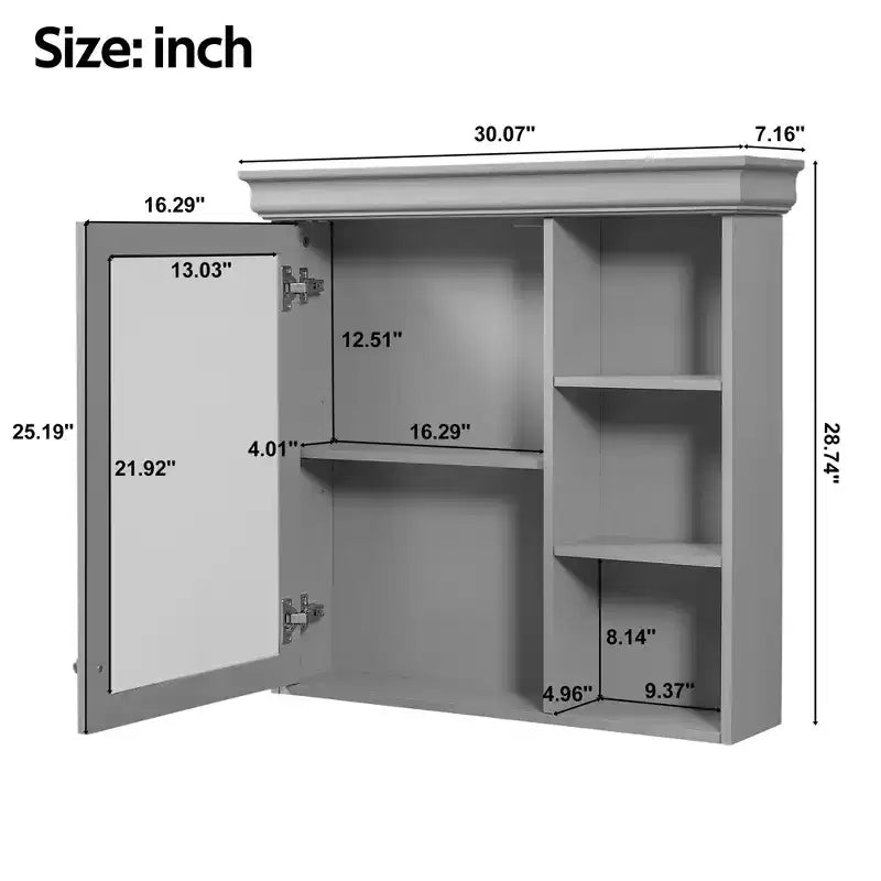 30 Modern Wall Mounted Bathroom Medicine Cabinet with Mirror and 3 Shelves