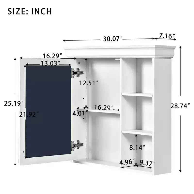 30 Modern Wall Mounted Bathroom Medicine Cabinet with Mirror and 3 Shelves