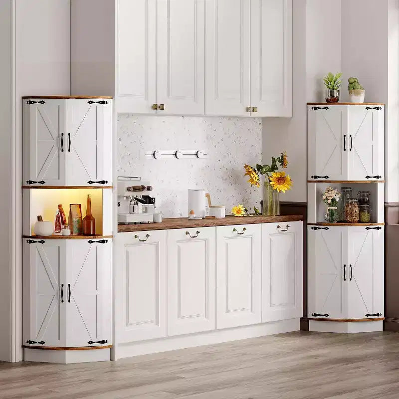 Garvee 64.6 Farmhouse Corner Cabinet - 4 Barn Doors & 5 Tier Shelves, Freestanding Bar Cabinet