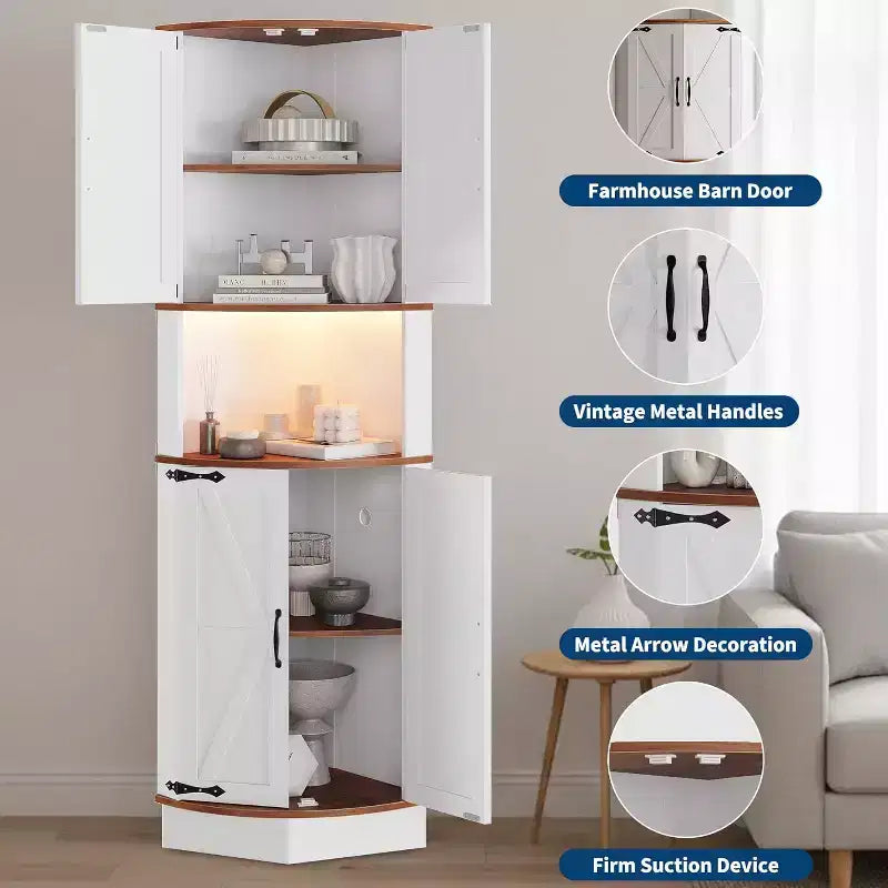 Garvee 64.6 Farmhouse Corner Cabinet - 4 Barn Doors & 5 Tier Shelves, Freestanding Bar Cabinet