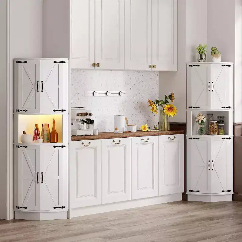 Garvee 64.6 Farmhouse Corner Cabinet - 4 Barn Doors & 5 Tier Shelves, Freestanding Bar Cabinet