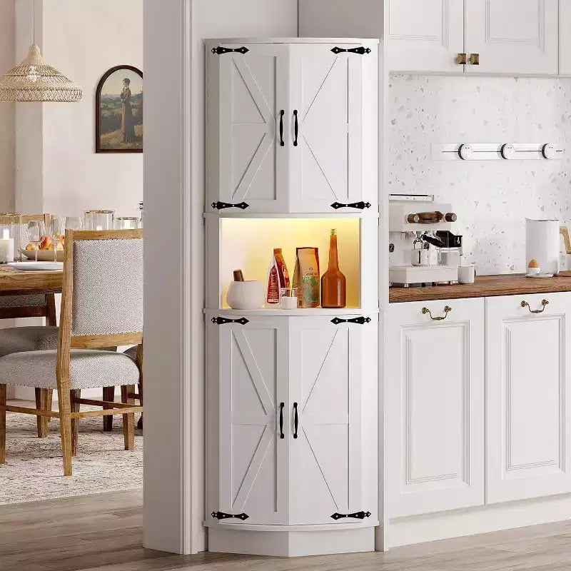 Garvee 64.6 Farmhouse Corner Cabinet - 4 Barn Doors & 5 Tier Shelves, Freestanding Bar Cabinet