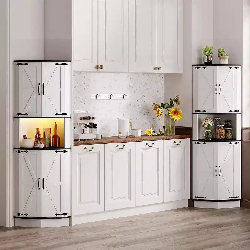 Garvee 64.6 Farmhouse Corner Cabinet - 4 Barn Doors & 5 Tier Shelves, Freestanding Bar Cabinet