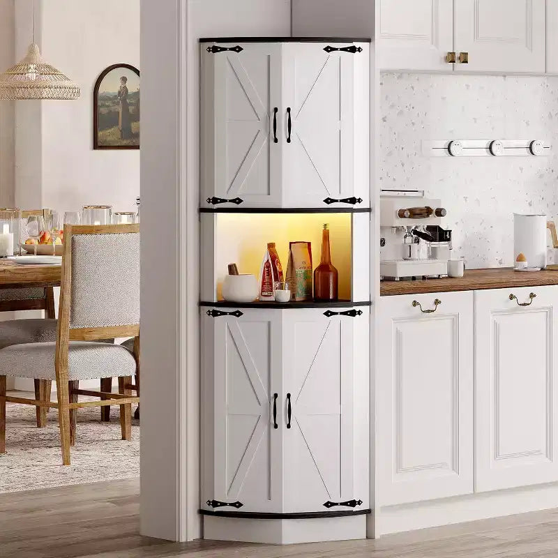 Garvee 64.6 Farmhouse Corner Cabinet - 4 Barn Doors & 5 Tier Shelves, Freestanding Bar Cabinet